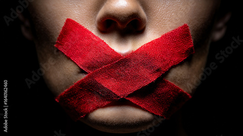 A woman's face is covered in red tape