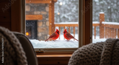 Winter Cardinals on Windowsill: A serene indoor scene featuring two vibrant red cardinals perched on a snowy windowsill. Outside, the winter landscape is blanketed, creating a cozy and tranquil feel.