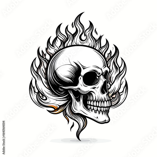 Menacing human skull engulfed in stylized black and white flames, a graphic tattoo-style illustration.