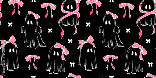 Seamless pattern with cute hand drawn ghost characters wearing pink bows on black background. Adorable girly spooky designs, vector illustrations for Halloween wallpaper. Vintage coquette aesthetic.