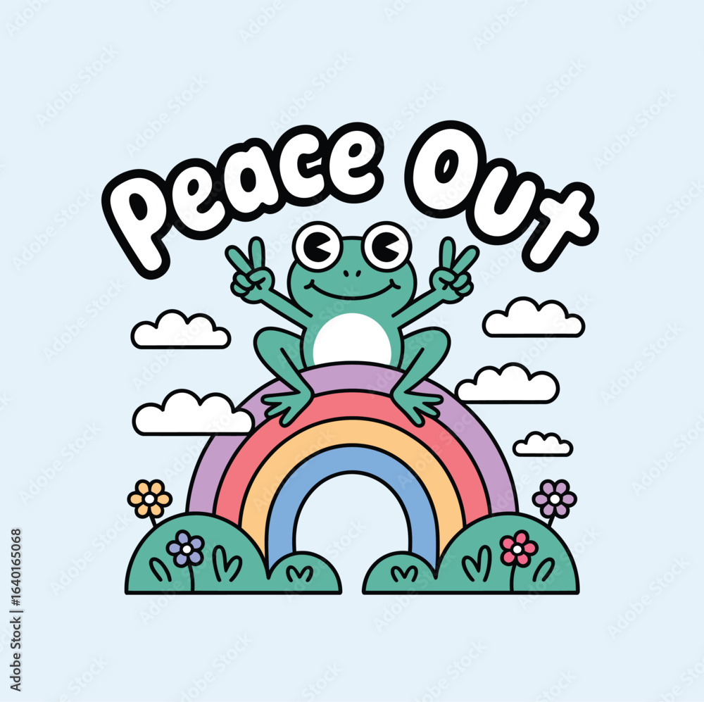 Obraz premium Cute Frog Cartoon Character Giving Peace Sign with Smile