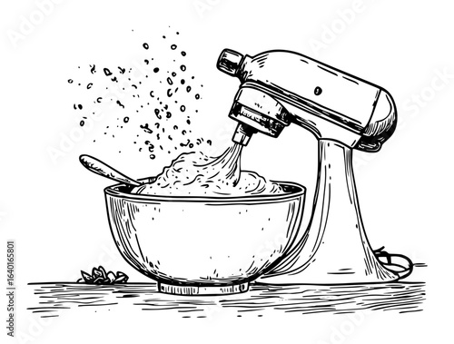 hand drawn stand mixer with mixing bowl – outline vector illustration