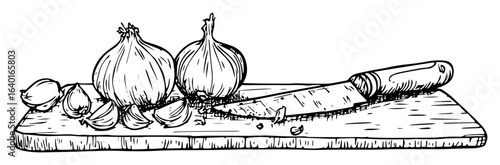 hand drawn onions and knife on cutting board – outline vector illustration