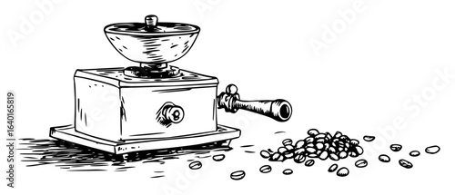 hand drawn manual coffee grinder with beans – outline vector illustration
