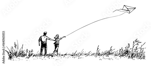 hand drawn couple flying kite outdoors – outline vector illustration
