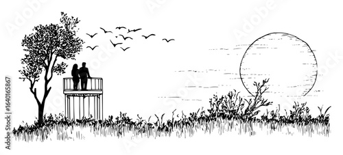 hand drawn couple watching sunset on bench – outline vector illustration