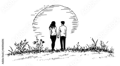 hand drawn couple holding hands at sunset – outline vector illustration