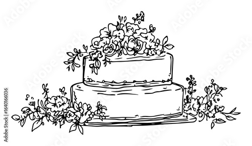 hand drawn floral wedding cake – outline vector illustration