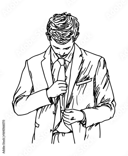 hand drawn groom adjusting suit – outline vector illustration