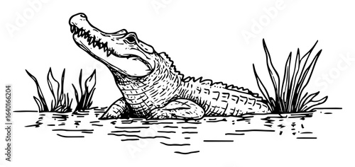 hand drawn crocodile resting in swamp – outline vector illustration