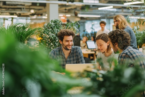 A group of cheerful colleagues collaborating in a lush green office space filled with plants and energy while working on a laptop