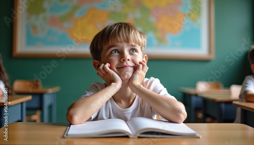 Smiling schoolboy daydreaming at desk with open book, classroom background with world map