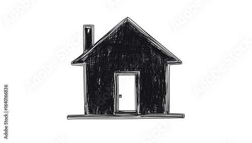 Illustration of a darkly shaded house with a chimney and a white door set against a white background