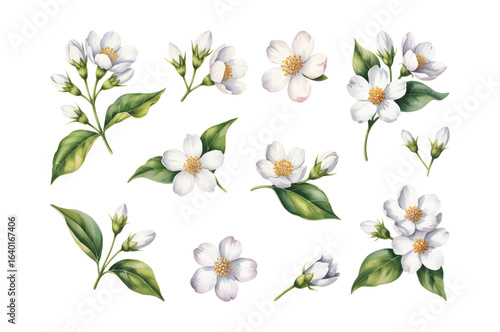 Watercolor botanical illustration of white jasmine flowers and leaves. White jasmine blossoms with buds and green foliage in watercolor.
