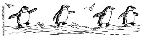 penguins walking – outline antarctic bird illustration