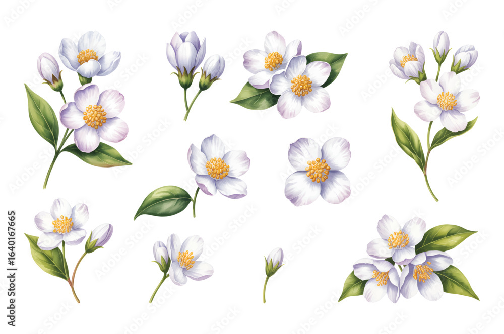 Fototapeta premium Watercolor botanical illustration of white jasmine flowers and leaves. White jasmine blossoms with buds and green foliage in watercolor.