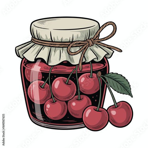 Homemade cherry jam in a jar with fresh cherries
