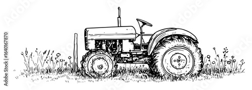 tractor in grass – outline farm machinery illustration