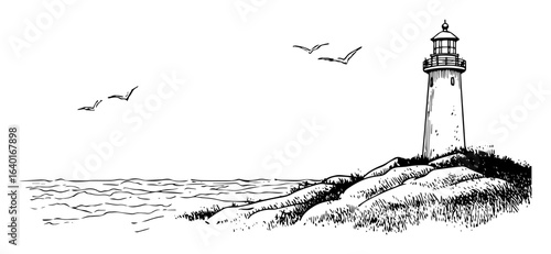 lighthouse on coast – monochrome sea landscape drawing