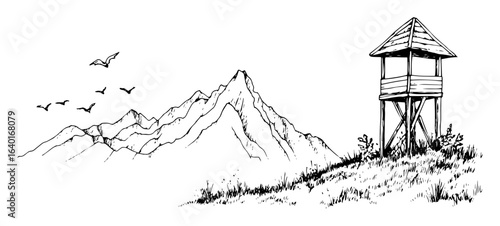 watchtower in mountains – outline landscape illustration