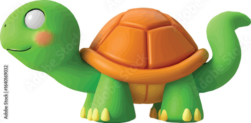 A cartoon green turtle with an orange shell