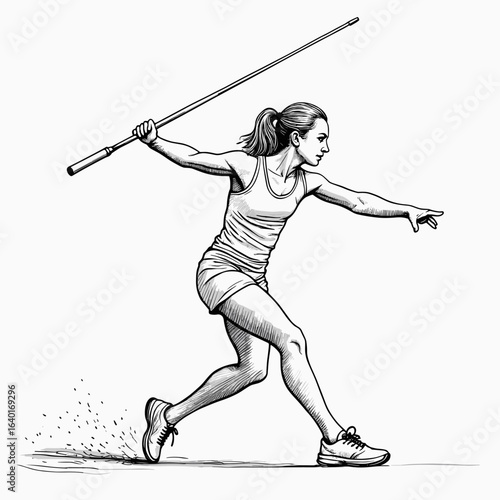 Female athlete throwing javelin in dynamic motion on white background  