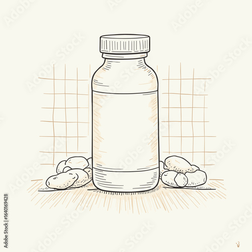 Glass bottle with blank label and scattered peanuts on table  