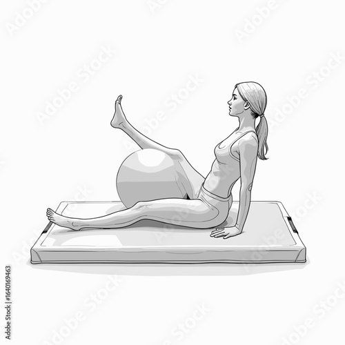 Young woman exercising while sitting on mat with rehab ball  
