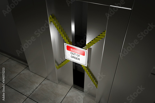 Out of order warning sign in front of a broken elevator door opened.