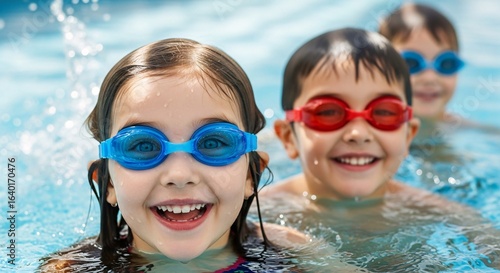 Wallpaper Mural Joyful kids splashing and swimming in a pool, enjoying summer fun in vibrant blue water Torontodigital.ca