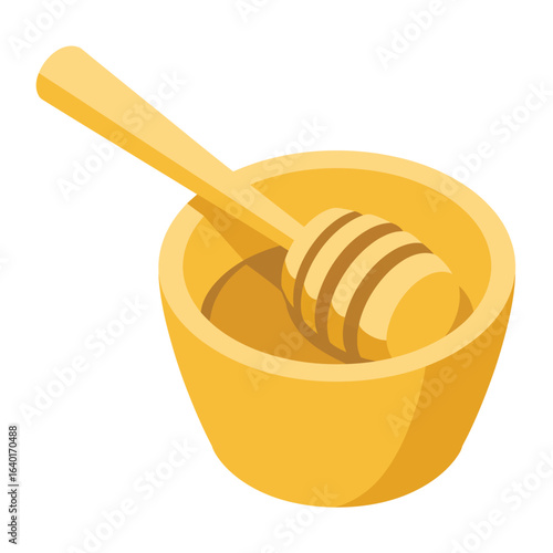 Yellow honey bowl and dipper isolated on white background