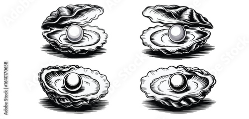 Four detailed illustrations of open oysters with pearls