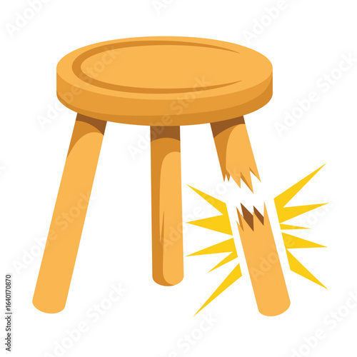 Broken wooden stool with shattered leg