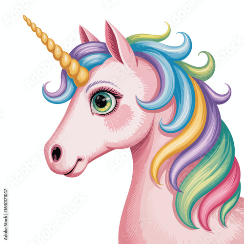 Magical pink unicorn with rainbow mane and golden horn