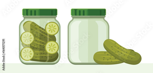 Two jars of pickles with cucumbers on white background