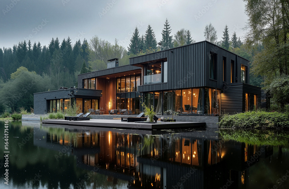 Obraz premium Luxury modern lakeside house with glass walls and warm interior lights reflecting on still water surface