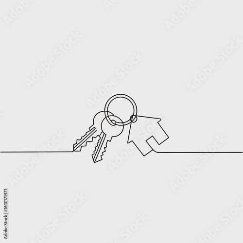 Minimalist single line drawing of house keys and keyring