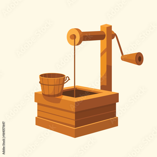 Rustic wooden water well with bucket and crank