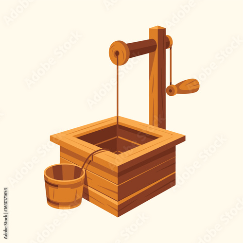 Rustic wooden water well with bucket and crank