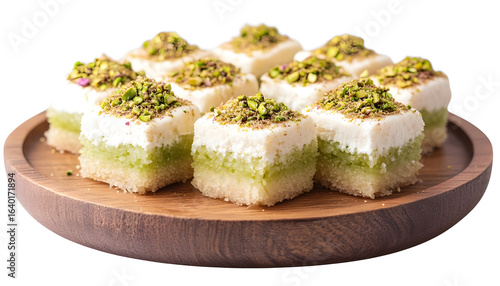 Wallpaper Mural Traditional Middle Eastern Kunafa dessert cubes filled with cream and topped with ground pistachios on wooden plate isolated on whit Torontodigital.ca