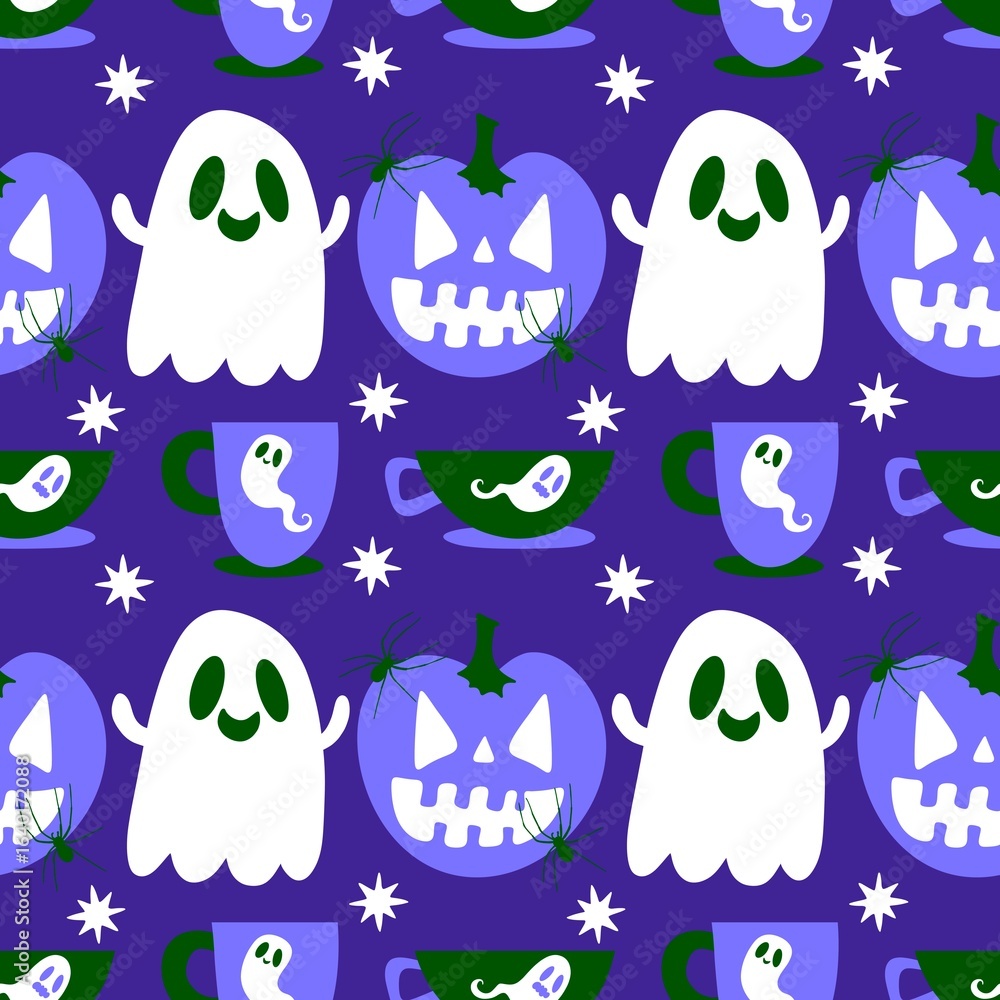 Naklejka premium Autumn harvest vegetable seamless monster Halloween pumpkins pattern for wrapping paper and fabrics