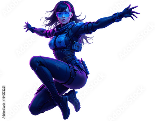 Female operative in tactical gear in a dynamic pose isolated on transparent background