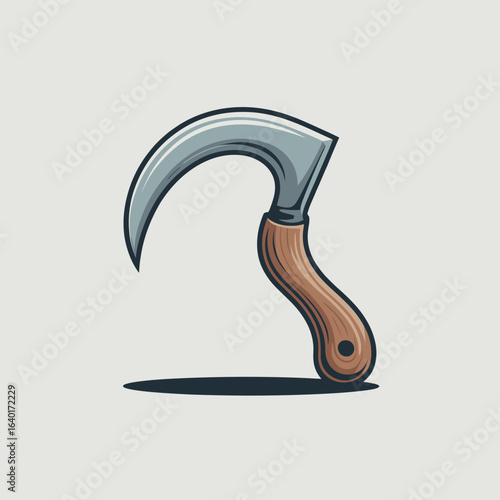 Illustration of a curved sickle with a wooden handle