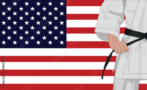 Karate fighter in kimono on american flag background. Courage and sport concept. Vector illustration.