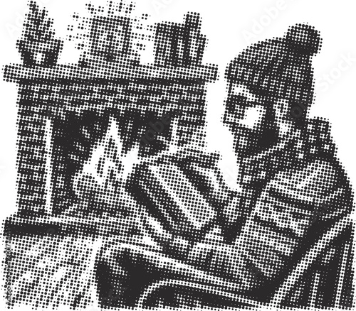 Halftone Cozy Fireplace Reading: A Person with Glasses and a Pom-Pom Hat