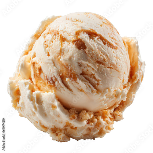 A scoop of creamy vanilla ice cream with caramel swirls isolated on transparent background