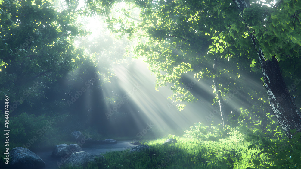 Fototapeta premium Sunbeams Through Forest Canopy Illuminating a Stream
