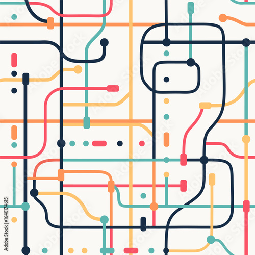 Seamless Metro Map or Circuit Board Pattern – Colorful Network Lines on Dark Background