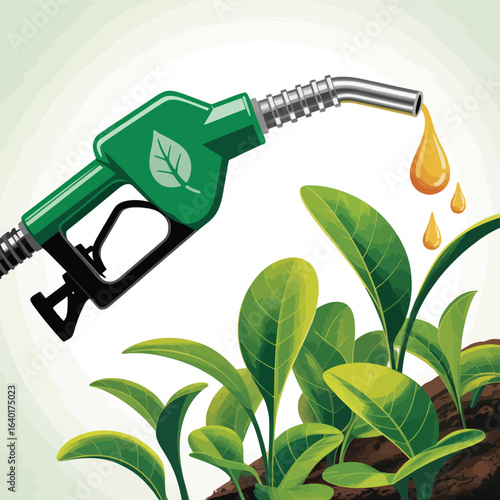 Green fuel pump dispensing biofuel into growing plants