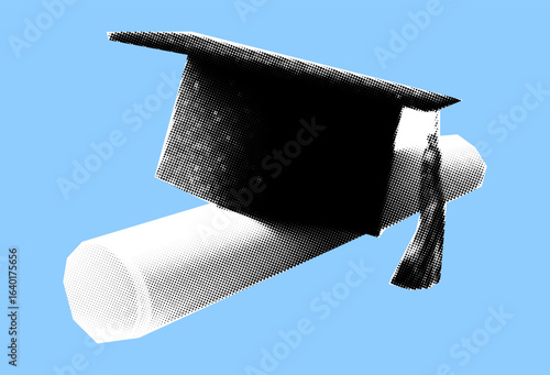 Graduation cap with diploma halftone pop art style on blue background